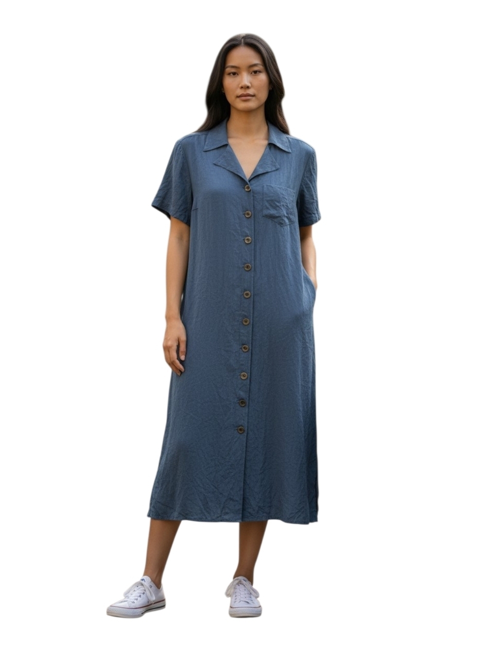 karin stevens Navy Button-Front Short-Sleeve Midi Dress